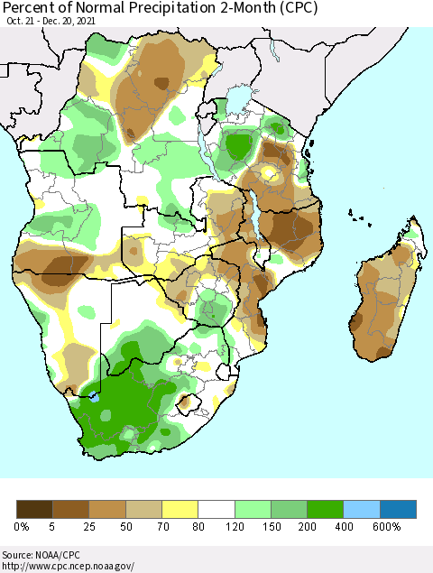 Southern Africa Percent of Normal Precipitation 2-Month (CPC) Thematic Map For 10/21/2021 - 12/20/2021