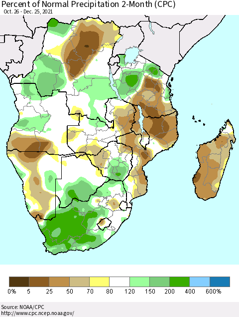 Southern Africa Percent of Normal Precipitation 2-Month (CPC) Thematic Map For 10/26/2021 - 12/25/2021