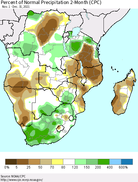 Southern Africa Percent of Normal Precipitation 2-Month (CPC) Thematic Map For 11/1/2021 - 12/31/2021