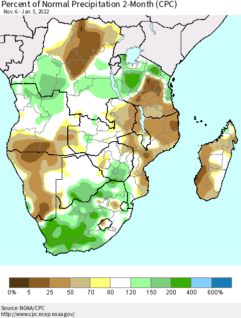 Southern Africa Percent of Normal Precipitation 2-Month (CPC) Thematic Map For 11/6/2021 - 1/5/2022