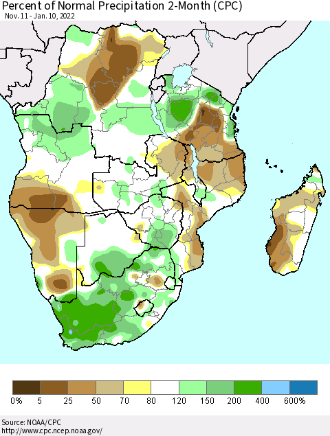 Southern Africa Percent of Normal Precipitation 2-Month (CPC) Thematic Map For 11/11/2021 - 1/10/2022
