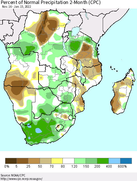 Southern Africa Percent of Normal Precipitation 2-Month (CPC) Thematic Map For 11/16/2021 - 1/15/2022