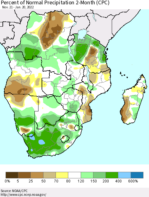 Southern Africa Percent of Normal Precipitation 2-Month (CPC) Thematic Map For 11/21/2021 - 1/20/2022