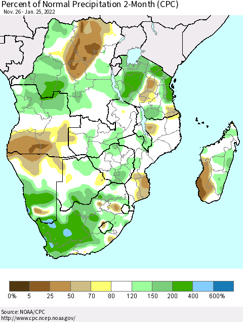 Southern Africa Percent of Normal Precipitation 2-Month (CPC) Thematic Map For 11/26/2021 - 1/25/2022