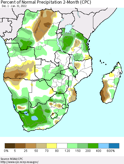 Southern Africa Percent of Normal Precipitation 2-Month (CPC) Thematic Map For 12/1/2021 - 1/31/2022