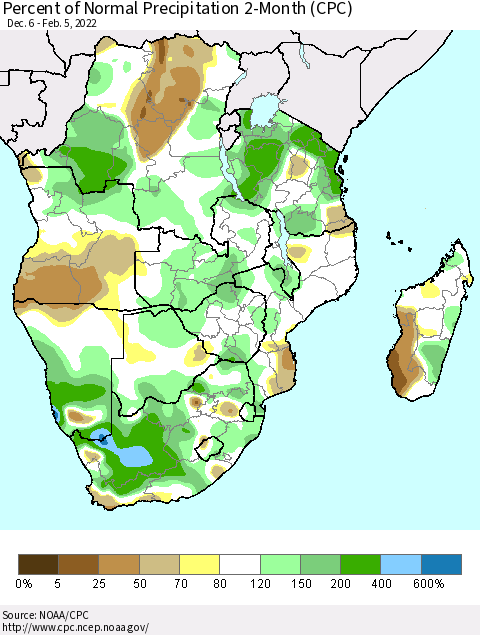Southern Africa Percent of Normal Precipitation 2-Month (CPC) Thematic Map For 12/6/2021 - 2/5/2022