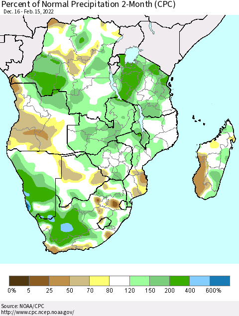Southern Africa Percent of Normal Precipitation 2-Month (CPC) Thematic Map For 12/16/2021 - 2/15/2022
