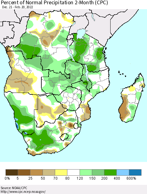Southern Africa Percent of Normal Precipitation 2-Month (CPC) Thematic Map For 12/21/2021 - 2/20/2022