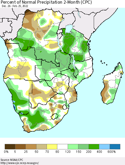 Southern Africa Percent of Normal Precipitation 2-Month (CPC) Thematic Map For 12/26/2021 - 2/25/2022