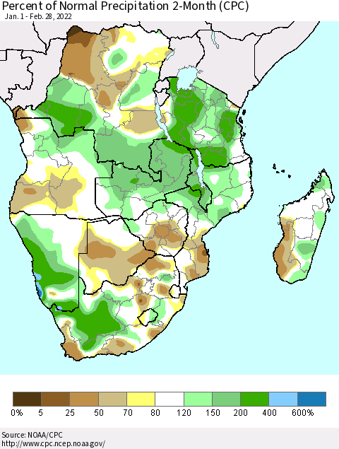 Southern Africa Percent of Normal Precipitation 2-Month (CPC) Thematic Map For 1/1/2022 - 2/28/2022