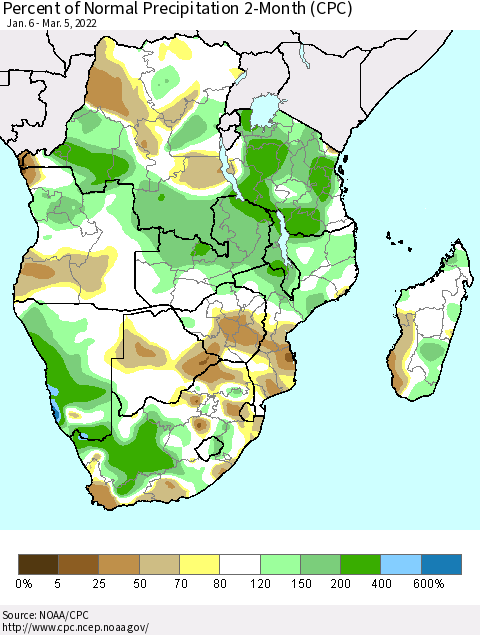 Southern Africa Percent of Normal Precipitation 2-Month (CPC) Thematic Map For 1/6/2022 - 3/5/2022