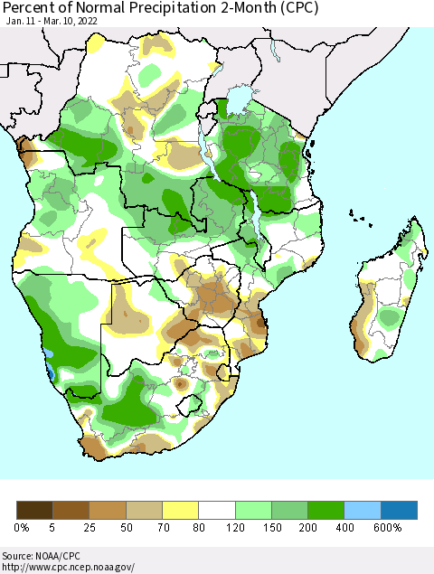 Southern Africa Percent of Normal Precipitation 2-Month (CPC) Thematic Map For 1/11/2022 - 3/10/2022