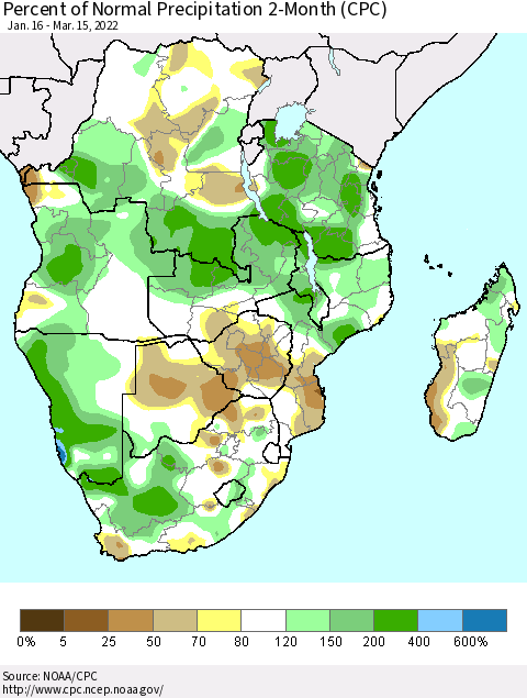 Southern Africa Percent of Normal Precipitation 2-Month (CPC) Thematic Map For 1/16/2022 - 3/15/2022