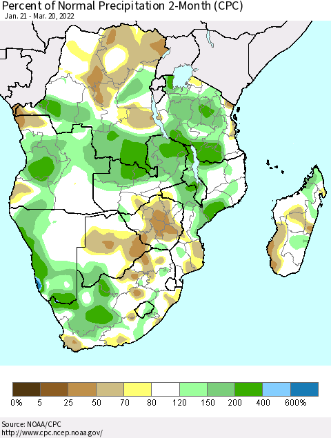 Southern Africa Percent of Normal Precipitation 2-Month (CPC) Thematic Map For 1/21/2022 - 3/20/2022
