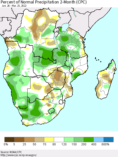 Southern Africa Percent of Normal Precipitation 2-Month (CPC) Thematic Map For 1/26/2022 - 3/25/2022