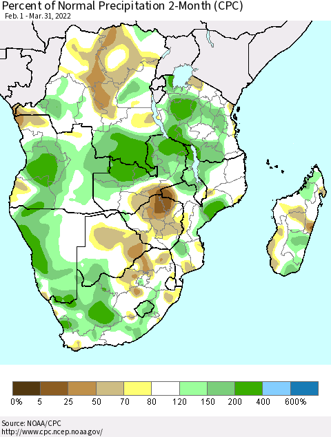 Southern Africa Percent of Normal Precipitation 2-Month (CPC) Thematic Map For 2/1/2022 - 3/31/2022