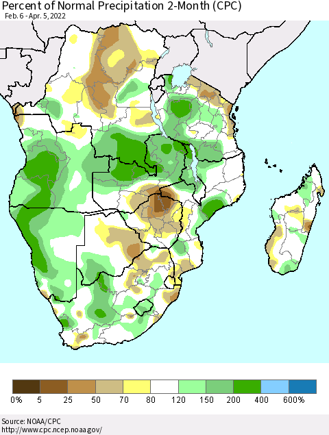 Southern Africa Percent of Normal Precipitation 2-Month (CPC) Thematic Map For 2/6/2022 - 4/5/2022