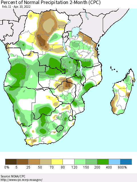 Southern Africa Percent of Normal Precipitation 2-Month (CPC) Thematic Map For 2/11/2022 - 4/10/2022