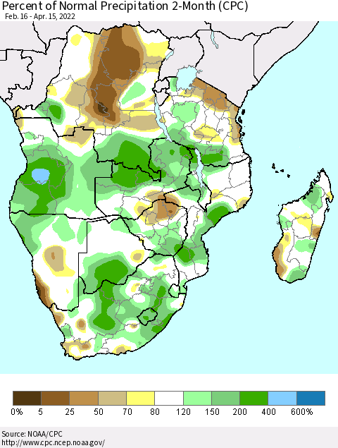 Southern Africa Percent of Normal Precipitation 2-Month (CPC) Thematic Map For 2/16/2022 - 4/15/2022
