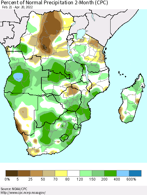 Southern Africa Percent of Normal Precipitation 2-Month (CPC) Thematic Map For 2/21/2022 - 4/20/2022