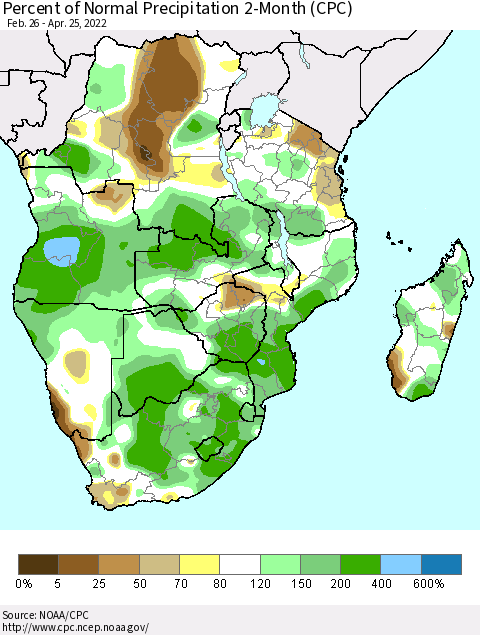 Southern Africa Percent of Normal Precipitation 2-Month (CPC) Thematic Map For 2/26/2022 - 4/25/2022