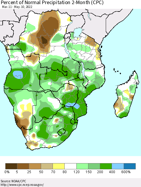 Southern Africa Percent of Normal Precipitation 2-Month (CPC) Thematic Map For 3/11/2022 - 5/10/2022