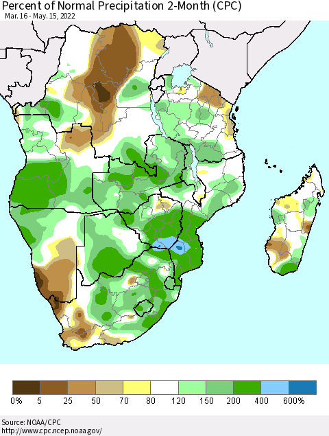 Southern Africa Percent of Normal Precipitation 2-Month (CPC) Thematic Map For 3/16/2022 - 5/15/2022