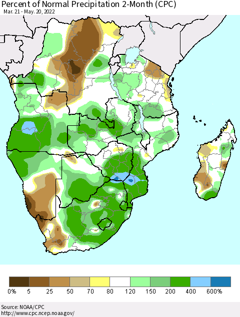 Southern Africa Percent of Normal Precipitation 2-Month (CPC) Thematic Map For 3/21/2022 - 5/20/2022