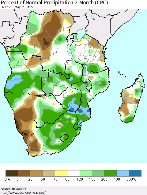 Southern Africa Percent of Normal Precipitation 2-Month (CPC) Thematic Map For 3/26/2022 - 5/25/2022