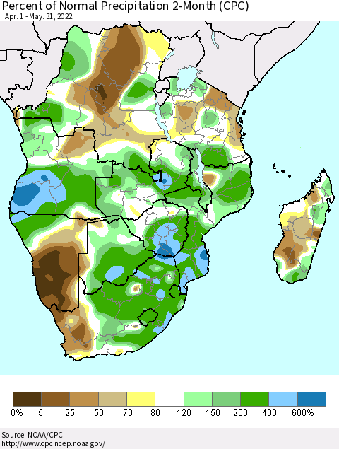 Southern Africa Percent of Normal Precipitation 2-Month (CPC) Thematic Map For 4/1/2022 - 5/31/2022