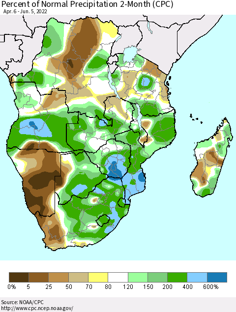 Southern Africa Percent of Normal Precipitation 2-Month (CPC) Thematic Map For 4/6/2022 - 6/5/2022