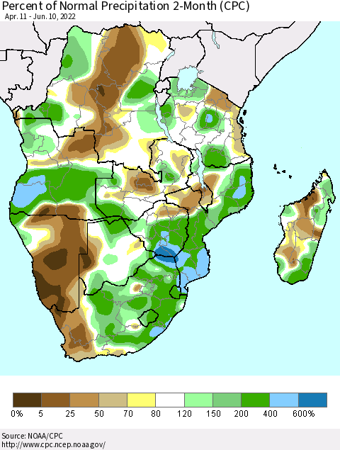 Southern Africa Percent of Normal Precipitation 2-Month (CPC) Thematic Map For 4/11/2022 - 6/10/2022