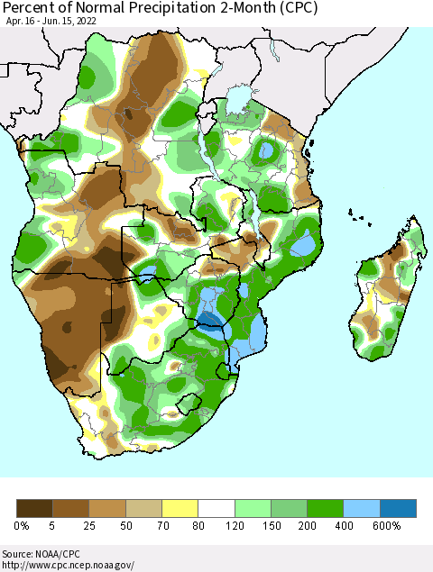 Southern Africa Percent of Normal Precipitation 2-Month (CPC) Thematic Map For 4/16/2022 - 6/15/2022