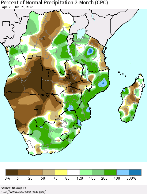 Southern Africa Percent of Normal Precipitation 2-Month (CPC) Thematic Map For 4/21/2022 - 6/20/2022