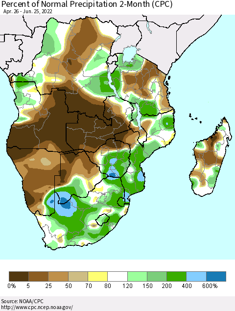 Southern Africa Percent of Normal Precipitation 2-Month (CPC) Thematic Map For 4/26/2022 - 6/25/2022