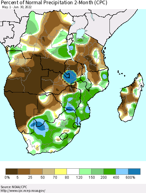 Southern Africa Percent of Normal Precipitation 2-Month (CPC) Thematic Map For 5/1/2022 - 6/30/2022