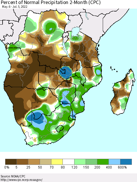 Southern Africa Percent of Normal Precipitation 2-Month (CPC) Thematic Map For 5/6/2022 - 7/5/2022