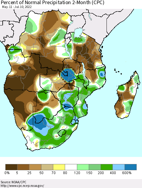 Southern Africa Percent of Normal Precipitation 2-Month (CPC) Thematic Map For 5/11/2022 - 7/10/2022