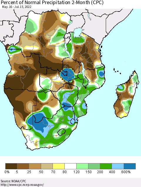 Southern Africa Percent of Normal Precipitation 2-Month (CPC) Thematic Map For 5/16/2022 - 7/15/2022