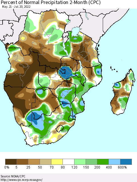 Southern Africa Percent of Normal Precipitation 2-Month (CPC) Thematic Map For 5/21/2022 - 7/20/2022