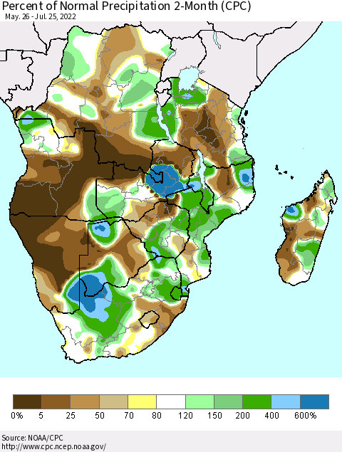 Southern Africa Percent of Normal Precipitation 2-Month (CPC) Thematic Map For 5/26/2022 - 7/25/2022