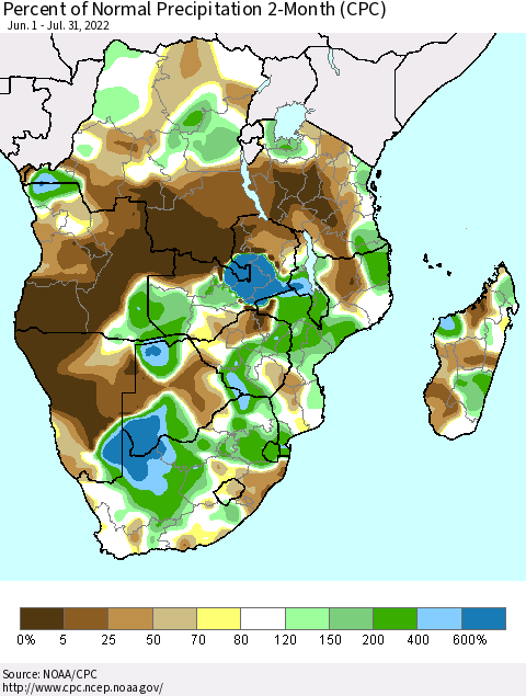 Southern Africa Percent of Normal Precipitation 2-Month (CPC) Thematic Map For 6/1/2022 - 7/31/2022