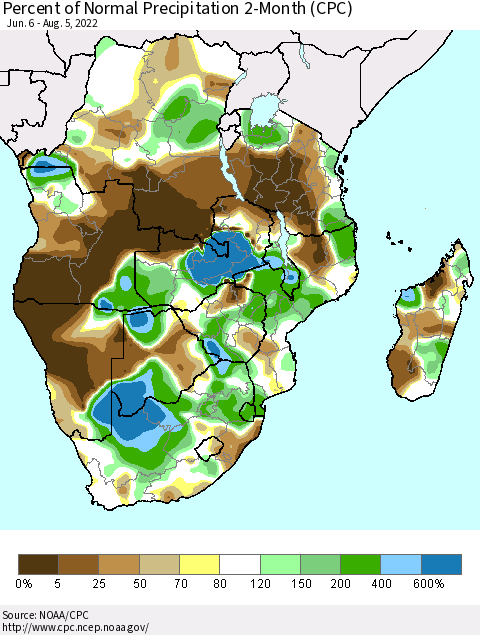 Southern Africa Percent of Normal Precipitation 2-Month (CPC) Thematic Map For 6/6/2022 - 8/5/2022