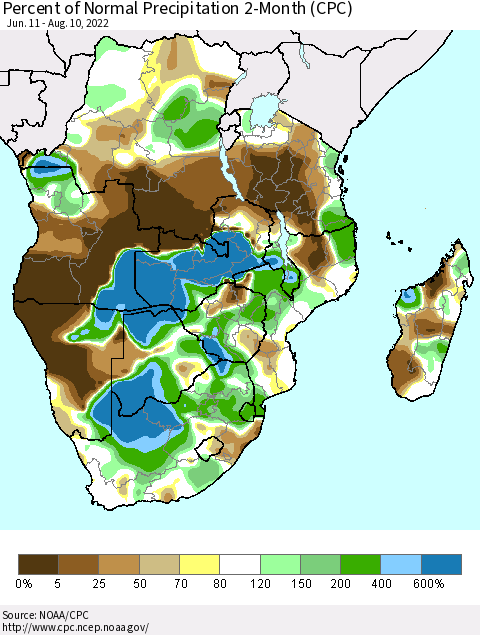Southern Africa Percent of Normal Precipitation 2-Month (CPC) Thematic Map For 6/11/2022 - 8/10/2022