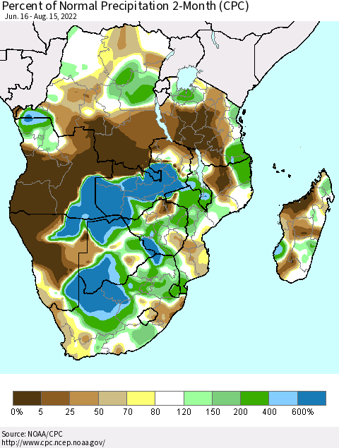 Southern Africa Percent of Normal Precipitation 2-Month (CPC) Thematic Map For 6/16/2022 - 8/15/2022