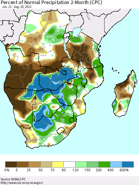 Southern Africa Percent of Normal Precipitation 2-Month (CPC) Thematic Map For 6/21/2022 - 8/20/2022