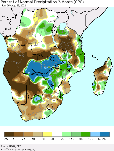 Southern Africa Percent of Normal Precipitation 2-Month (CPC) Thematic Map For 6/26/2022 - 8/25/2022