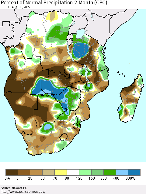 Southern Africa Percent of Normal Precipitation 2-Month (CPC) Thematic Map For 7/1/2022 - 8/31/2022