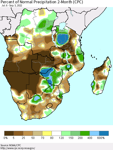 Southern Africa Percent of Normal Precipitation 2-Month (CPC) Thematic Map For 7/6/2022 - 9/5/2022