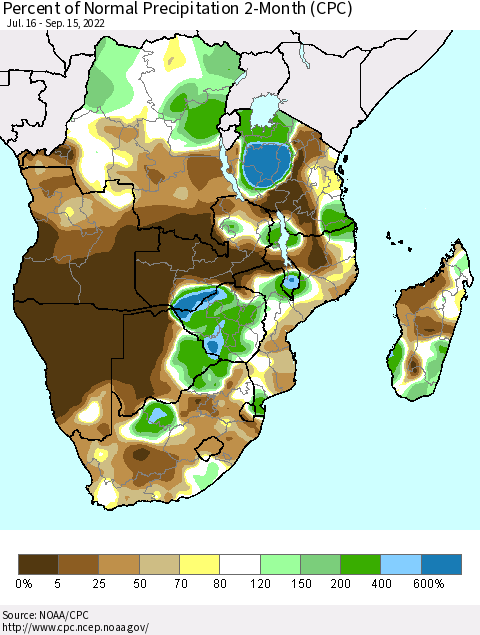 Southern Africa Percent of Normal Precipitation 2-Month (CPC) Thematic Map For 7/16/2022 - 9/15/2022